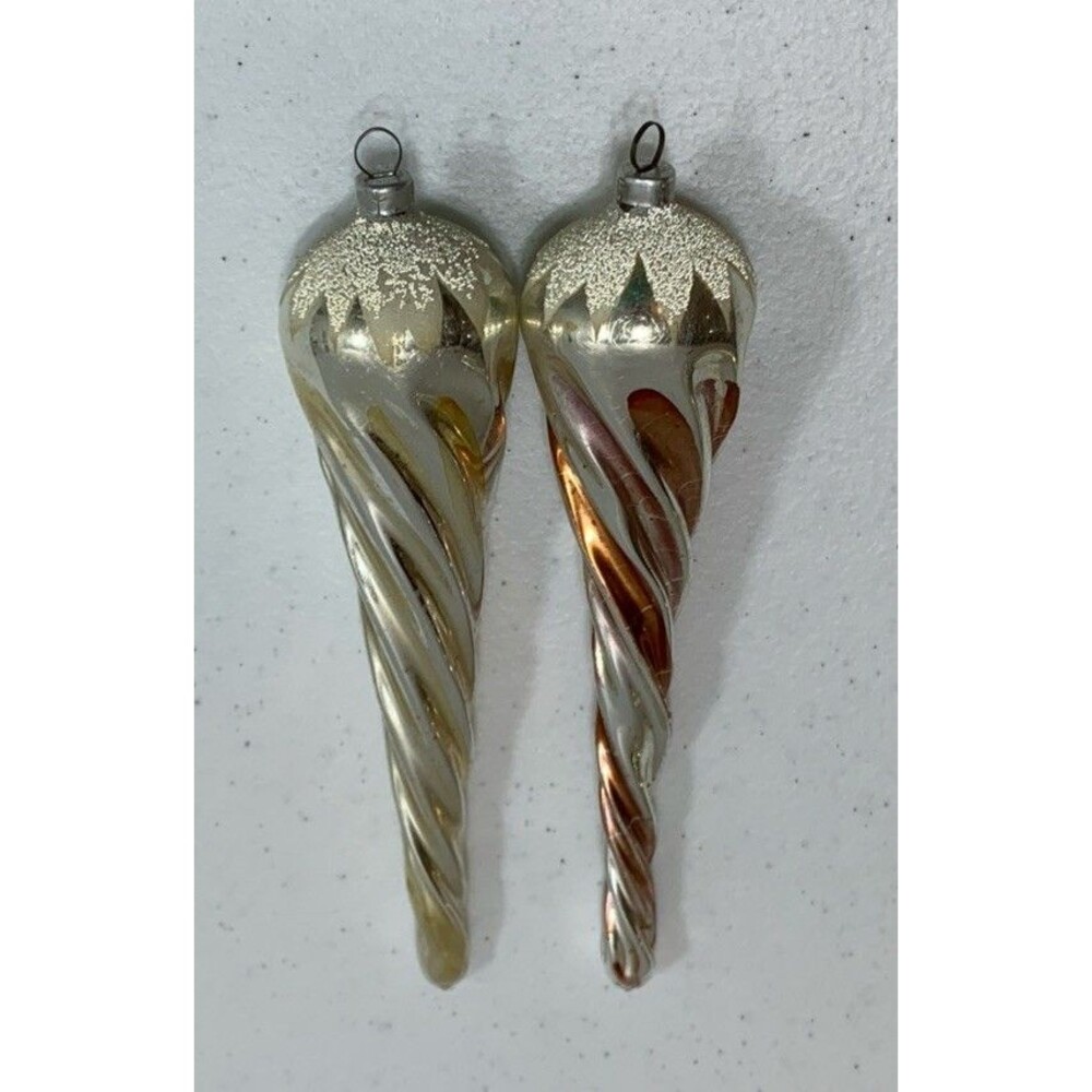 Vtg West Germany Glass Icicle Spiral Twisted Ornament Christmas Silver Red 6"